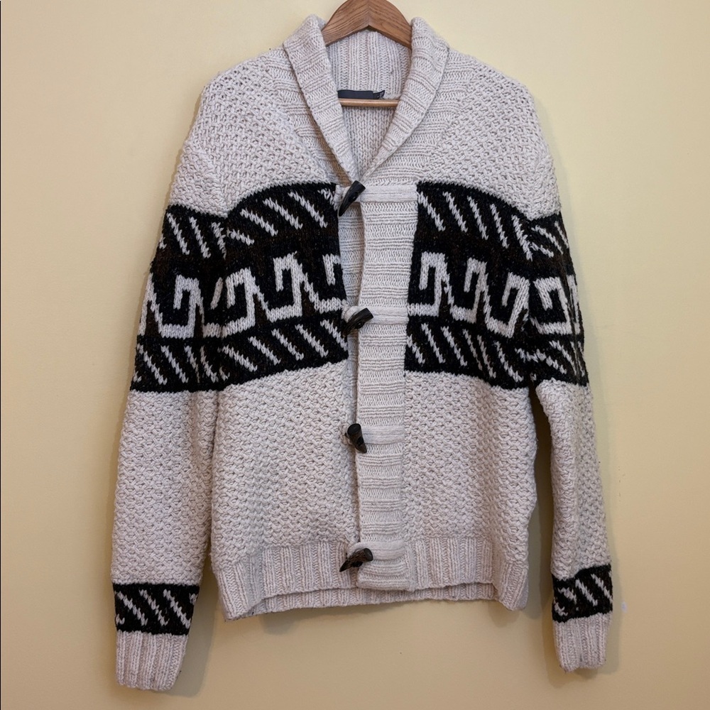 Vince | Cream Black Chunky Knit Shawl Fisherman Grandpa Wool Blend Cardigan L - Picture 3 of 17
